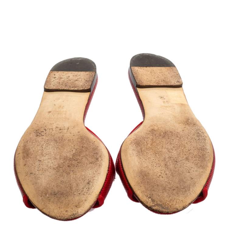 Pre Owned Dolce & Gabbana Red Lizard Embossed Leather Flat Slides Size 38
