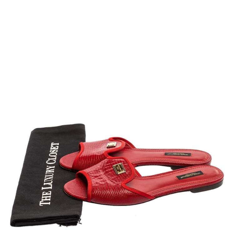 Pre Owned Dolce & Gabbana Red Lizard Embossed Leather Flat Slides Size 38