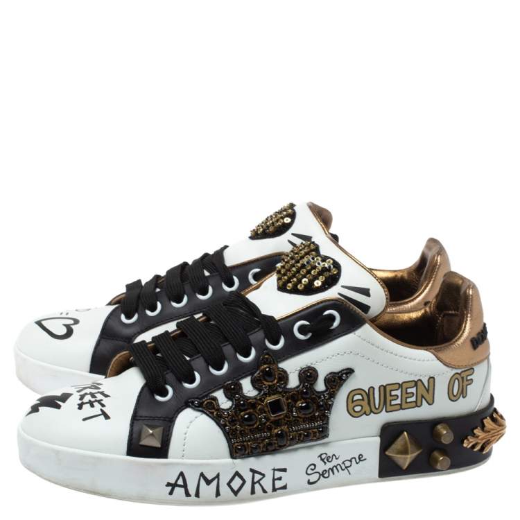 مملوكة مسبقًا Dolce & Gabbana Tri Color Leather Portofino Crown Embellished Low Top Sneakers Size 38