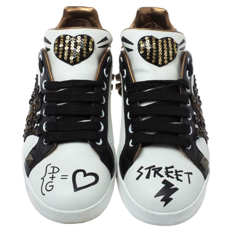مملوكة مسبقًا Dolce & Gabbana Tri Color Leather Portofino Crown Embellished Low Top Sneakers Size 38
