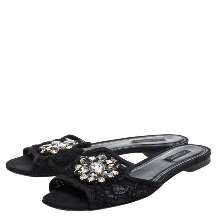 Pre Owned Dolce & Gabbana Black Lace Sofia Crystal Embellished Flat Slides Size 39