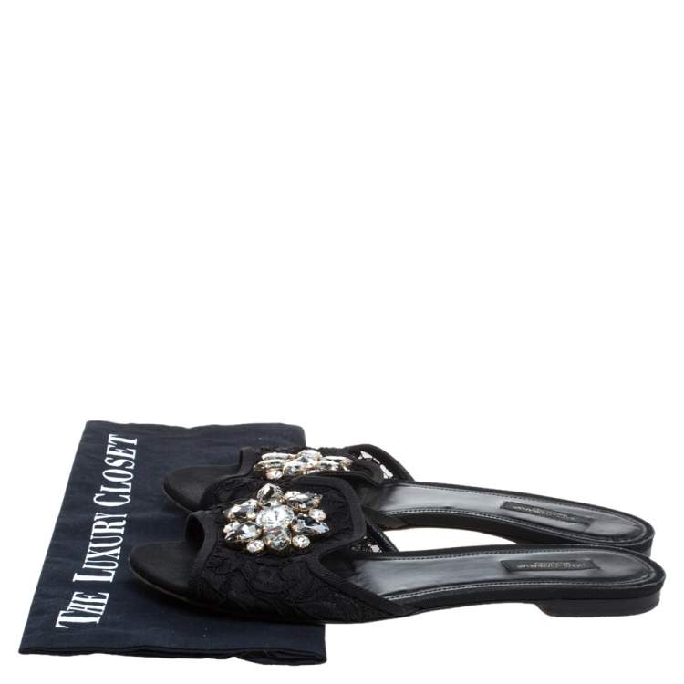 Pre Owned Dolce & Gabbana Black Lace Sofia Crystal Embellished Flat Slides Size 39