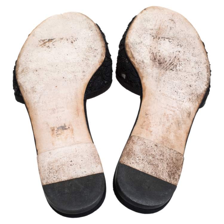 Pre Owned Dolce & Gabbana Black Lace Sofia Crystal Embellished Flat Slides Size 39