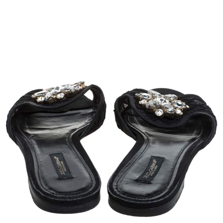 Pre Owned Dolce & Gabbana Black Lace Sofia Crystal Embellished Flat Slides Size 39