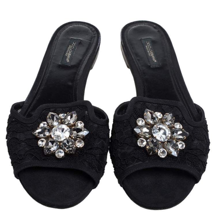 Pre Owned Dolce & Gabbana Black Lace Sofia Crystal Embellished Flat Slides Size 39
