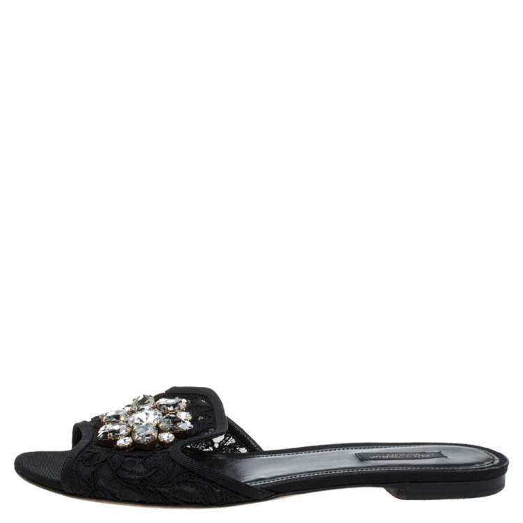 Pre Owned Dolce & Gabbana Black Lace Sofia Crystal Embellished Flat Slides Size 39