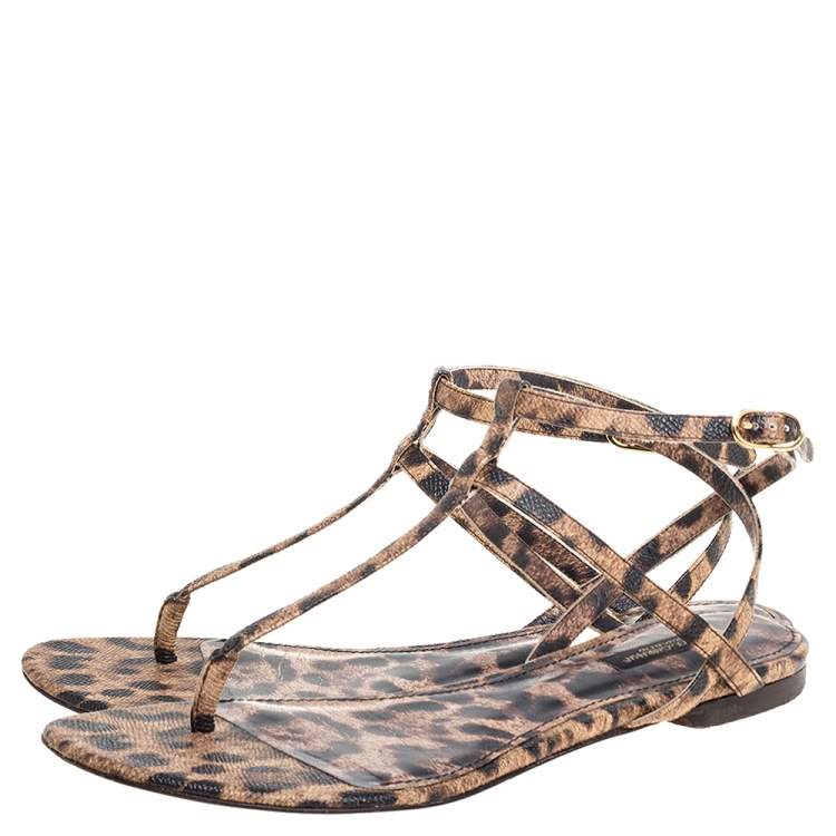 Pre Owned Dolce & Gabbana  Leopard Print Leather T Strap Thong Flats Size 39