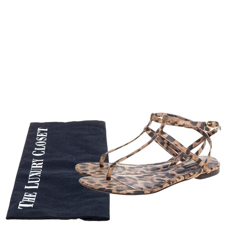 Pre Owned Dolce & Gabbana  Leopard Print Leather T Strap Thong Flats Size 39