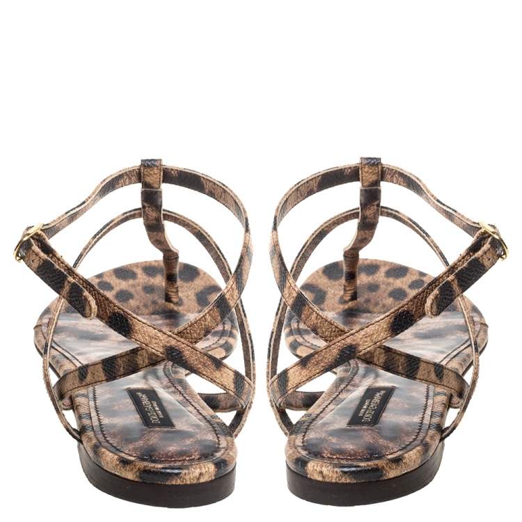 Pre Owned Dolce & Gabbana  Leopard Print Leather T Strap Thong Flats Size 39