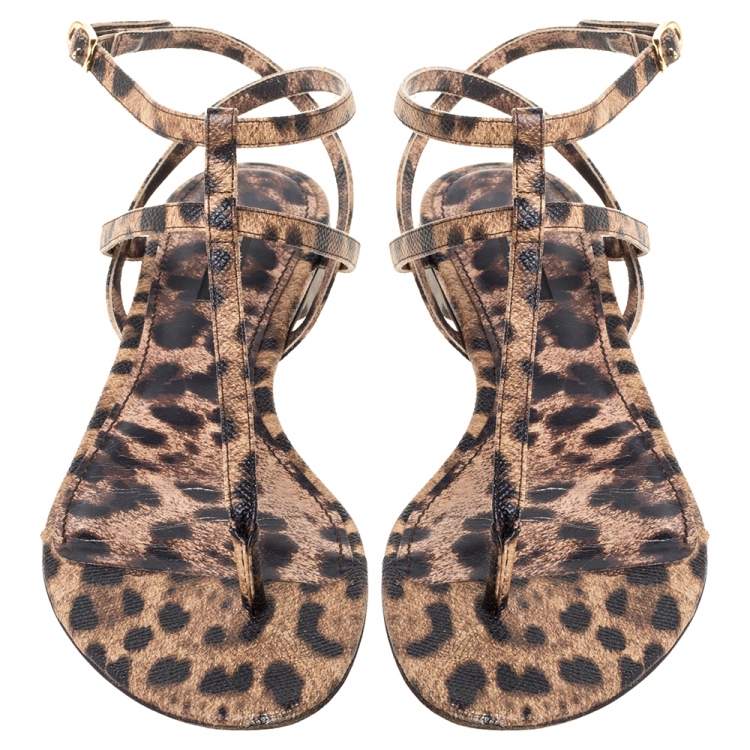 Pre Owned Dolce & Gabbana  Leopard Print Leather T Strap Thong Flats Size 39