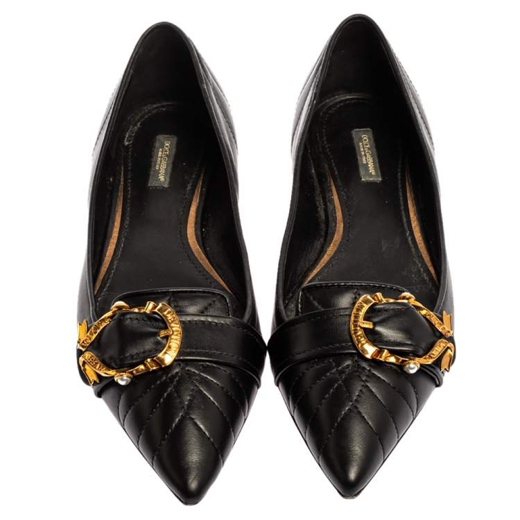 مملوكة مسبقًا Dolce & Gabbana Black Matelasse Leather Devotion Pointed Toe Ballet Flats Size 41