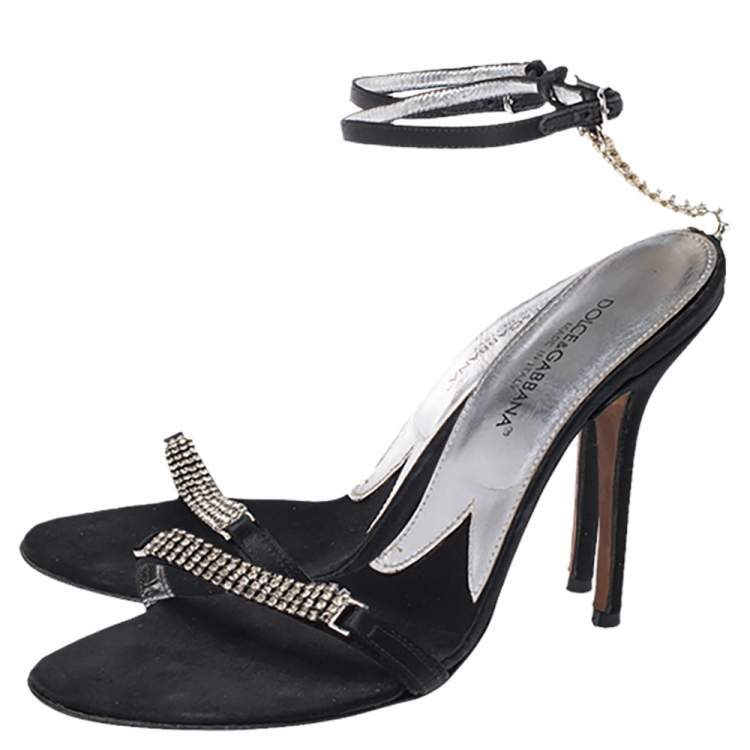 Pre Owned Dolce & Gabbana Black Satin Embellished Ankle Strap Sandals Size 36.5