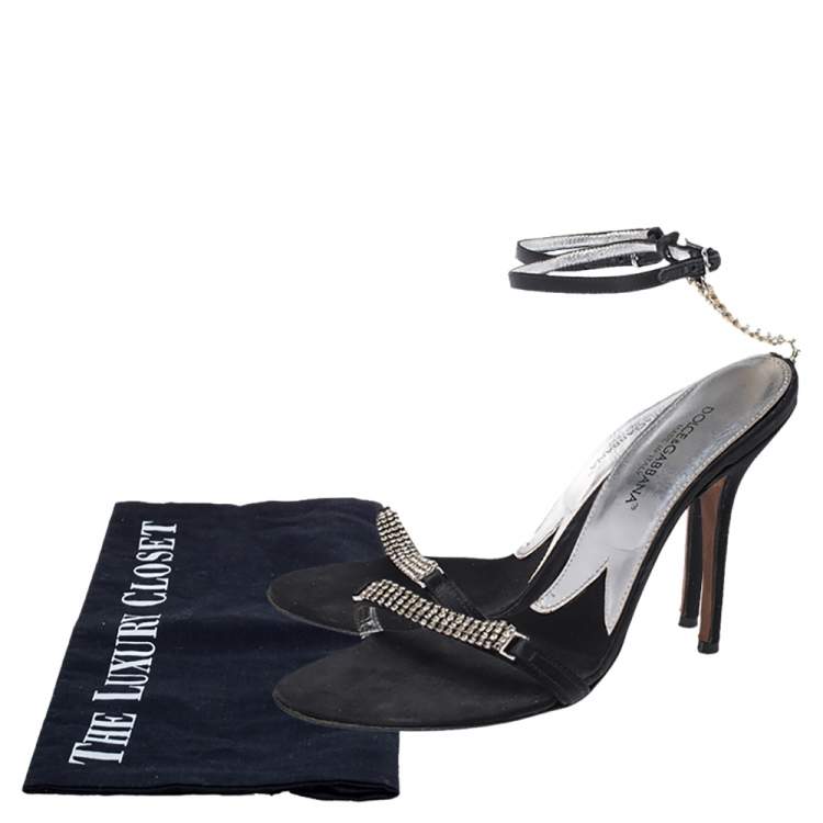 Pre Owned Dolce & Gabbana Black Satin Embellished Ankle Strap Sandals Size 36.5