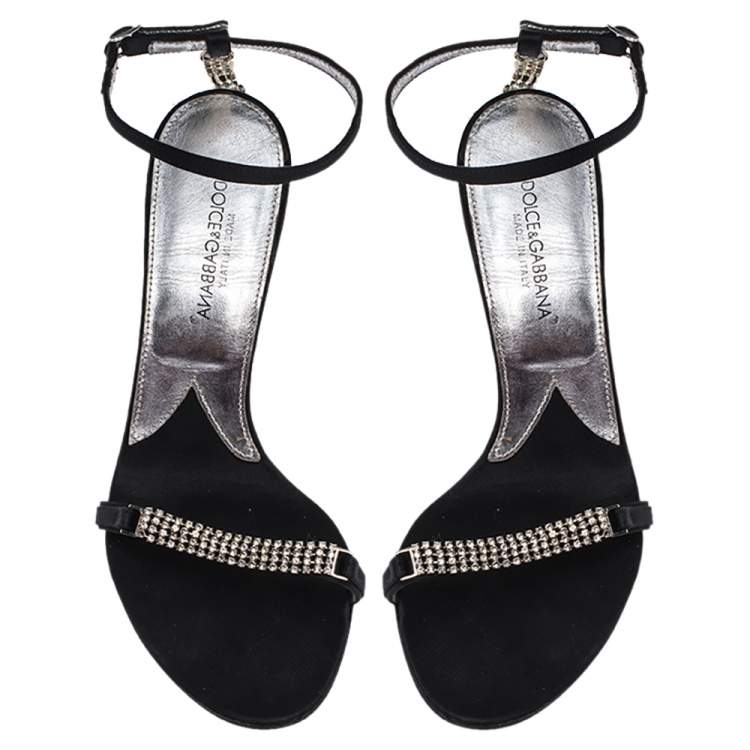 Pre Owned Dolce & Gabbana Black Satin Embellished Ankle Strap Sandals Size 36.5