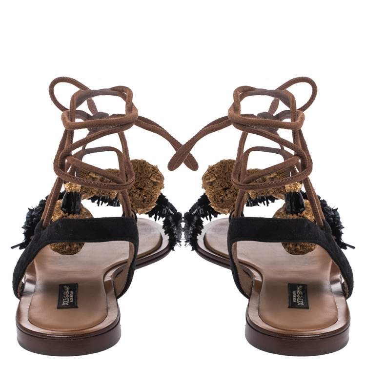 Pre Owned Dolce & Gabbana Black/Brown Suede and Raffia Flat Sandals Size 37.5