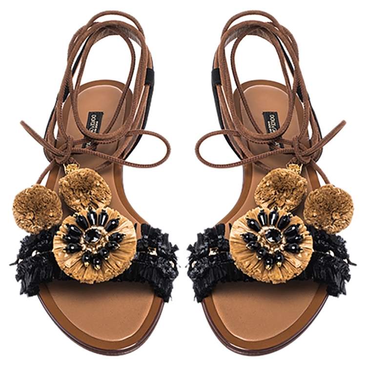 Pre Owned Dolce & Gabbana Black/Brown Suede and Raffia Flat Sandals Size 37.5