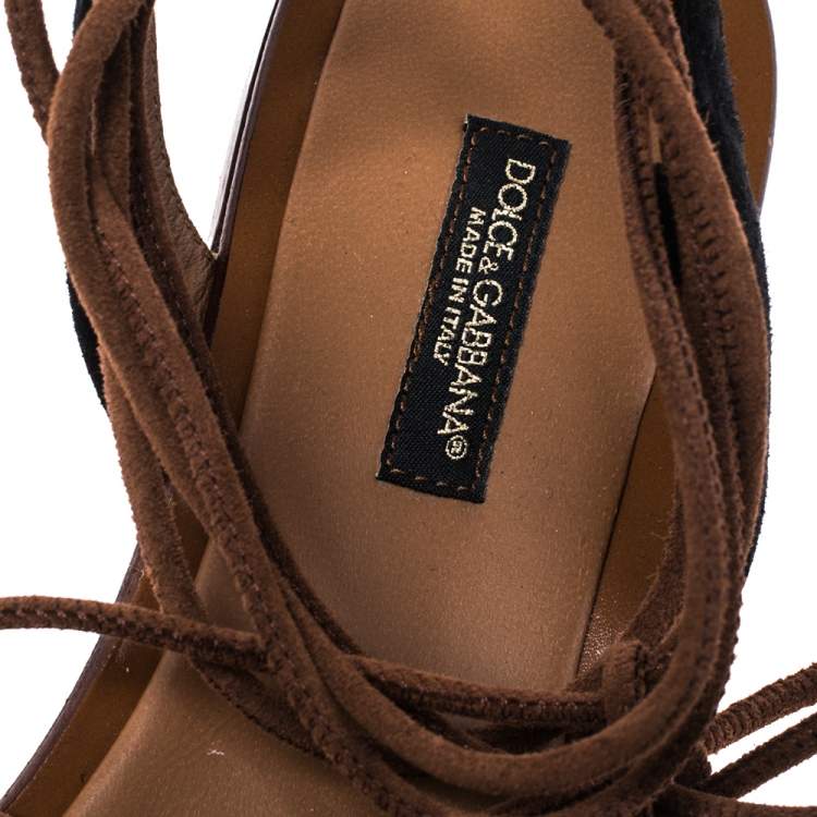 Pre Owned Dolce & Gabbana Black/Brown Suede and Raffia Flat Sandals Size 37.5