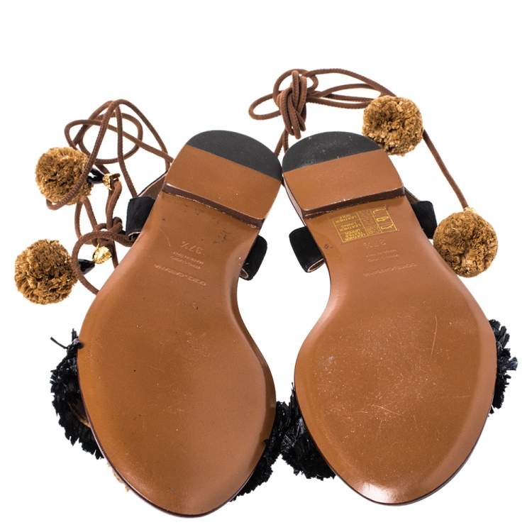 Pre Owned Dolce & Gabbana Black/Brown Suede and Raffia Flat Sandals Size 37.5