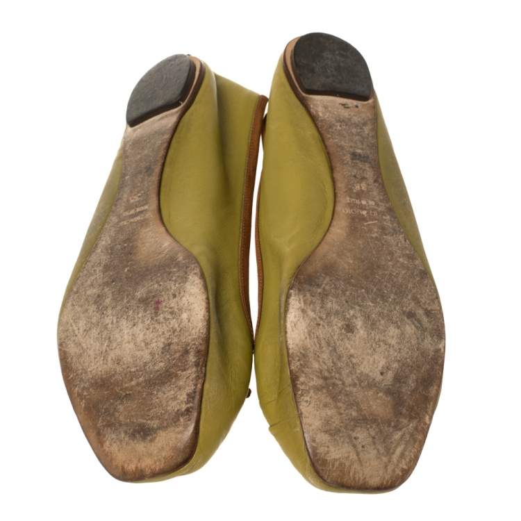 Pre Owned Dolce & Gabbana Green Leather Bow Ballet Flats Size 38