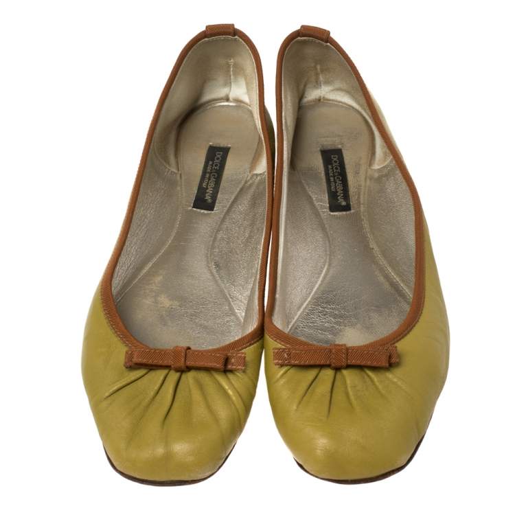 Pre Owned Dolce & Gabbana Green Leather Bow Ballet Flats Size 38