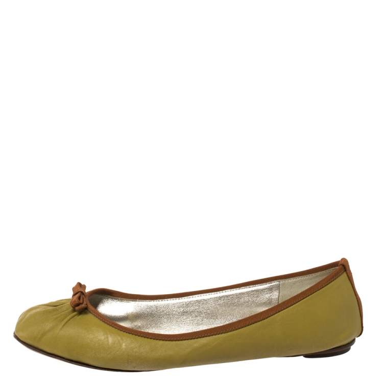 Pre Owned Dolce & Gabbana Green Leather Bow Ballet Flats Size 38