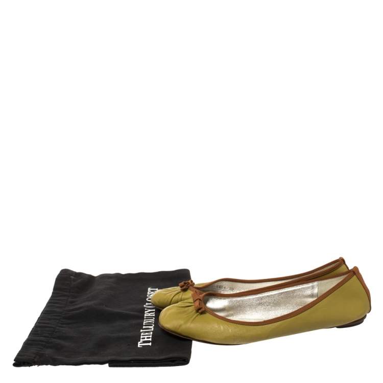 Pre Owned Dolce & Gabbana Green Leather Bow Ballet Flats Size 38