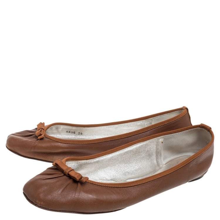 Pre Owned Dolce & Gabbana Brown Leather Bow Ballet Flats Size 38