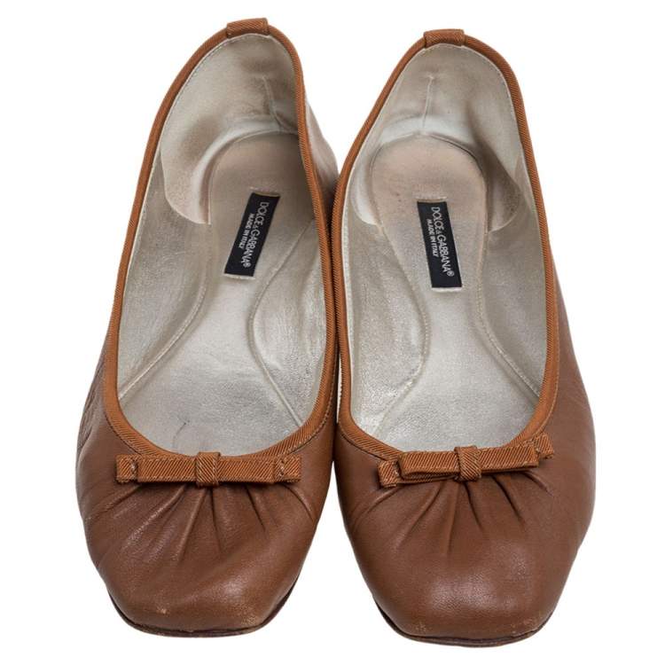 Pre Owned Dolce & Gabbana Brown Leather Bow Ballet Flats Size 38