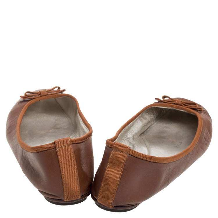 Pre Owned Dolce & Gabbana Brown Leather Bow Ballet Flats Size 38