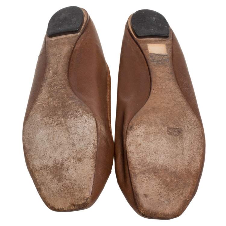 Pre Owned Dolce & Gabbana Brown Leather Bow Ballet Flats Size 38
