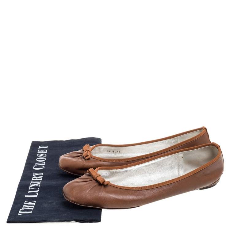 Pre Owned Dolce & Gabbana Brown Leather Bow Ballet Flats Size 38
