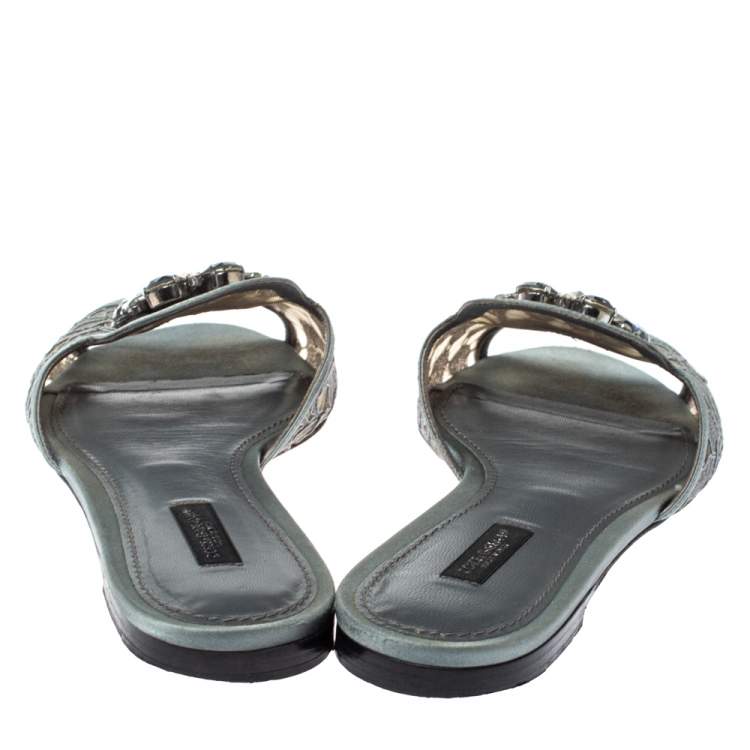 مملوكة مسبقًا Dolce & Gabbana Grey Lace Crystal Embellished Flat Slide Sandals Size 39