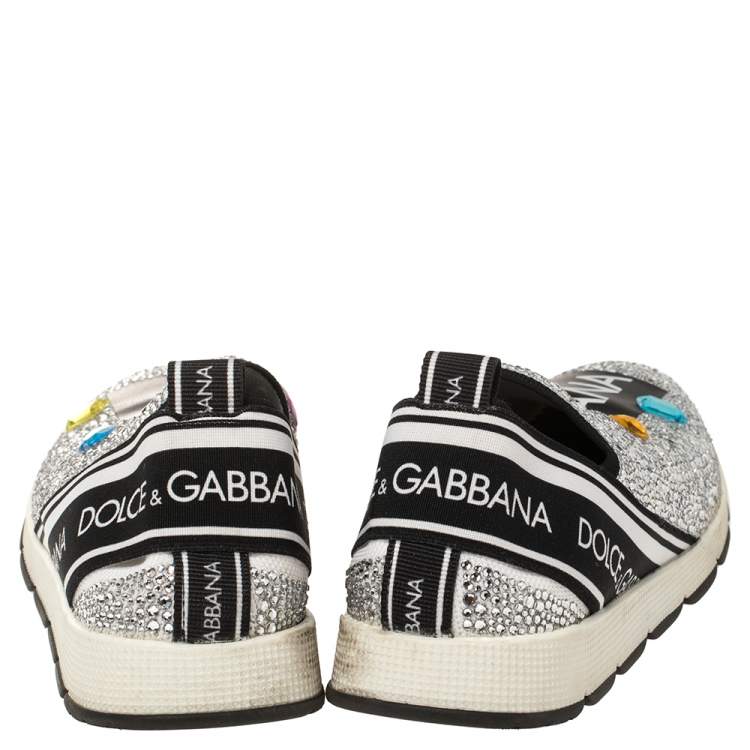 Pre Owned Dolce and Gabbana White/Black Fabric and Embellishment Sorrento Sneakers Size 38