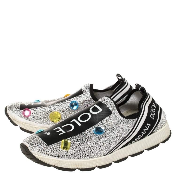 Pre Owned Dolce and Gabbana White/Black Fabric and Embellishment Sorrento Sneakers Size 38