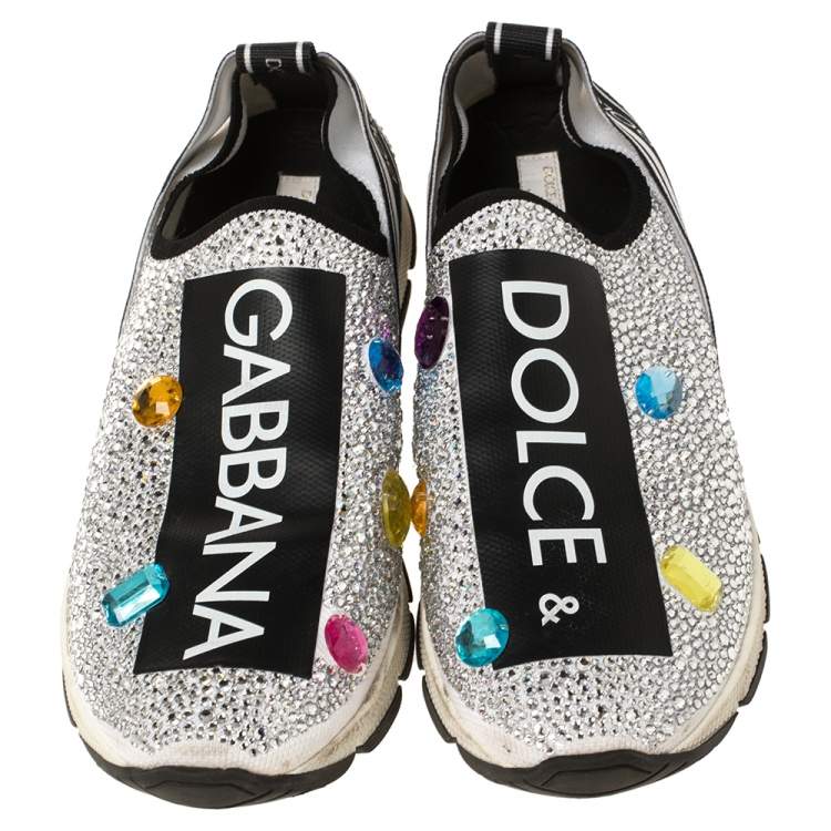 Pre Owned Dolce and Gabbana White/Black Fabric and Embellishment Sorrento Sneakers Size 38