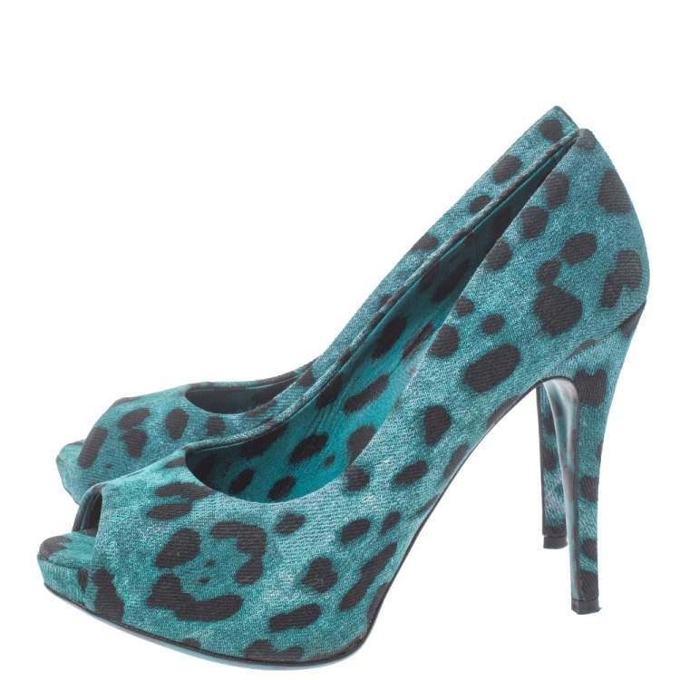 Pre Owned Dolce & Gabbana Two Tone Leopard Print Denim Fabric Platform Peep Toe Pumps 