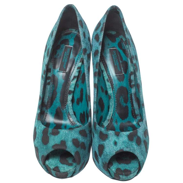 Pre Owned Dolce & Gabbana Two Tone Leopard Print Denim Fabric Platform Peep Toe Pumps 