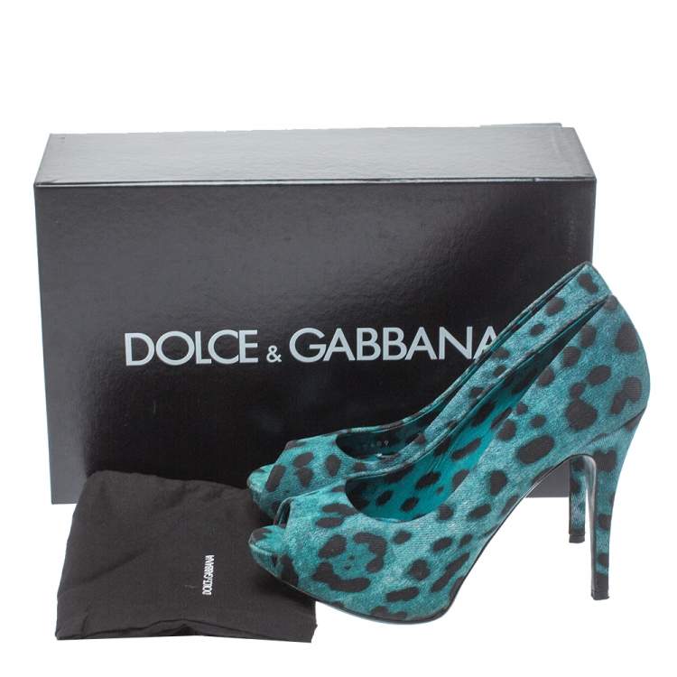 Pre Owned Dolce & Gabbana Two Tone Leopard Print Denim Fabric Platform Peep Toe Pumps 