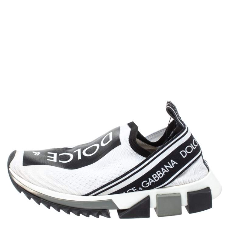 Pre Owned Dolce & Gabbana White/Black Stretch Fabric Logo Sorrento Slip On Sneakers Size 37