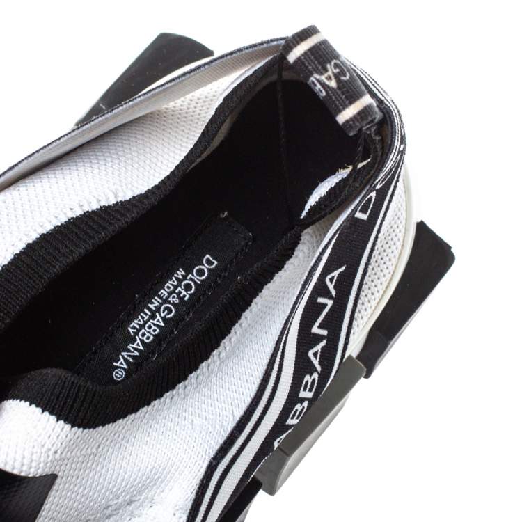 Pre Owned Dolce & Gabbana White/Black Stretch Fabric Logo Sorrento Slip On Sneakers Size 37
