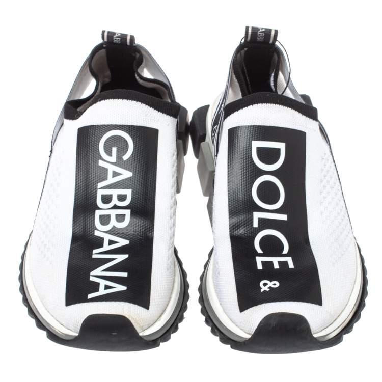 Pre Owned Dolce & Gabbana White/Black Stretch Fabric Logo Sorrento Slip On Sneakers Size 37