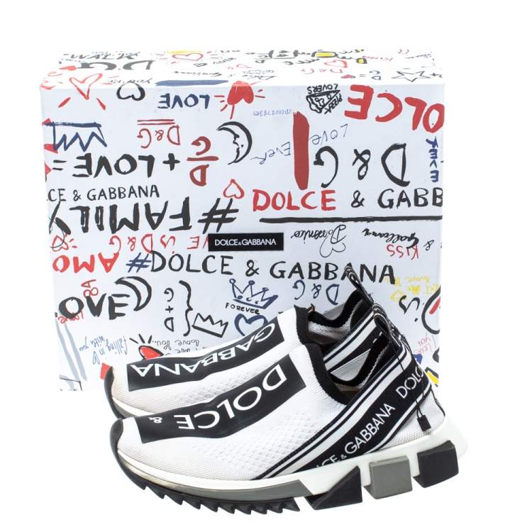 Pre Owned Dolce & Gabbana White/Black Stretch Fabric Logo Sorrento Slip On Sneakers Size 37