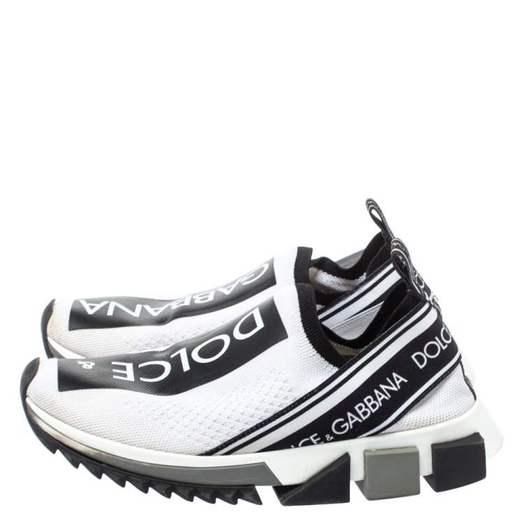 Pre Owned Dolce & Gabbana White/Black Stretch Fabric Logo Sorrento Slip On Sneakers Size 37