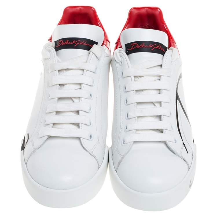 Pre Owned Dolce & Gabbana White/Red Leather and Patent Leather Logo Low Top Sneakers Size 37.5