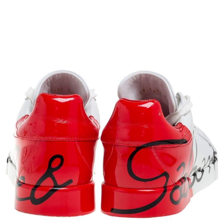 Pre Owned Dolce & Gabbana White/Red Leather and Patent Leather Logo Low Top Sneakers Size 37.5