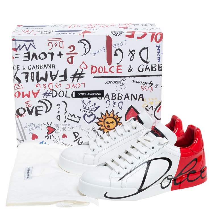 Pre Owned Dolce & Gabbana White/Red Leather and Patent Leather Logo Low Top Sneakers Size 37.5