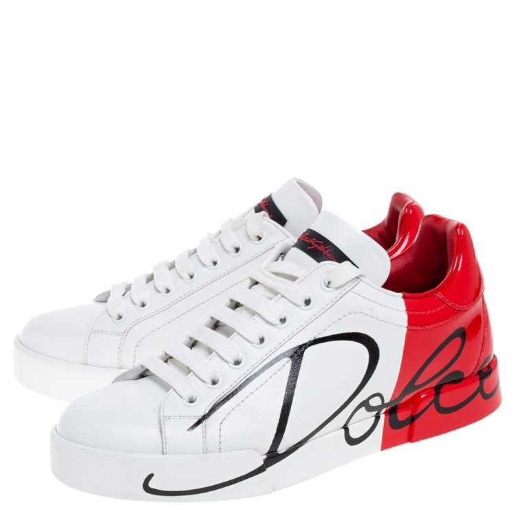 Pre Owned Dolce & Gabbana White/Red Leather and Patent Leather Logo Low Top Sneakers Size 37.5