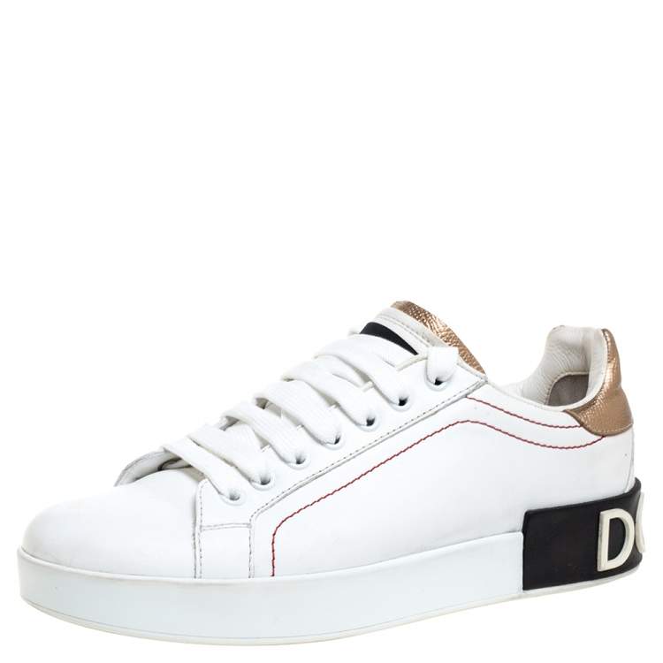 Pre Owned Dolce & Gabbana White/Brown Leather Portofino Sneakers Size 37.5