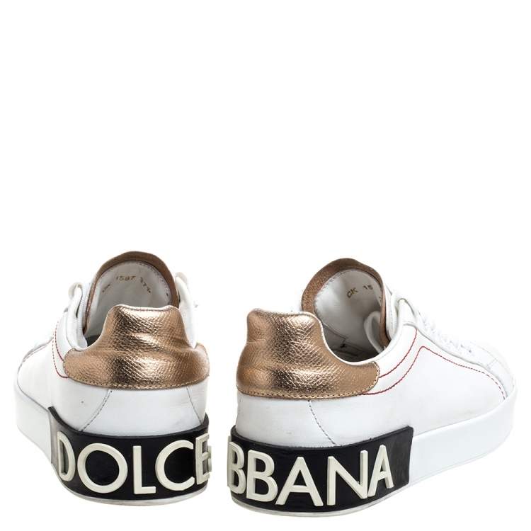 Pre Owned Dolce & Gabbana White/Brown Leather Portofino Sneakers Size 37.5