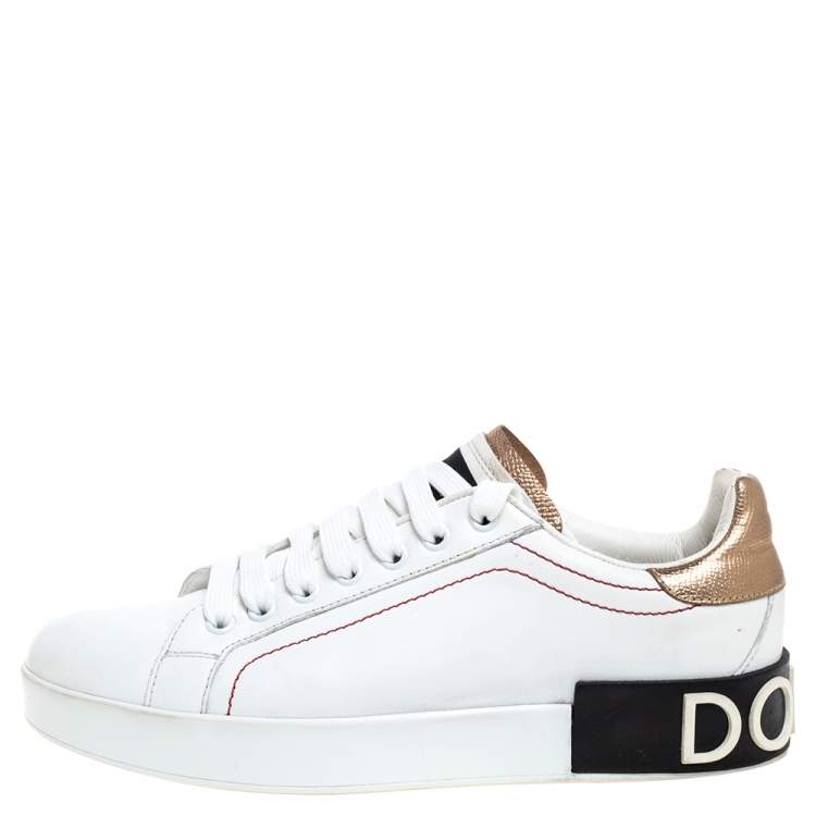 Pre Owned Dolce & Gabbana White/Brown Leather Portofino Sneakers Size 37.5